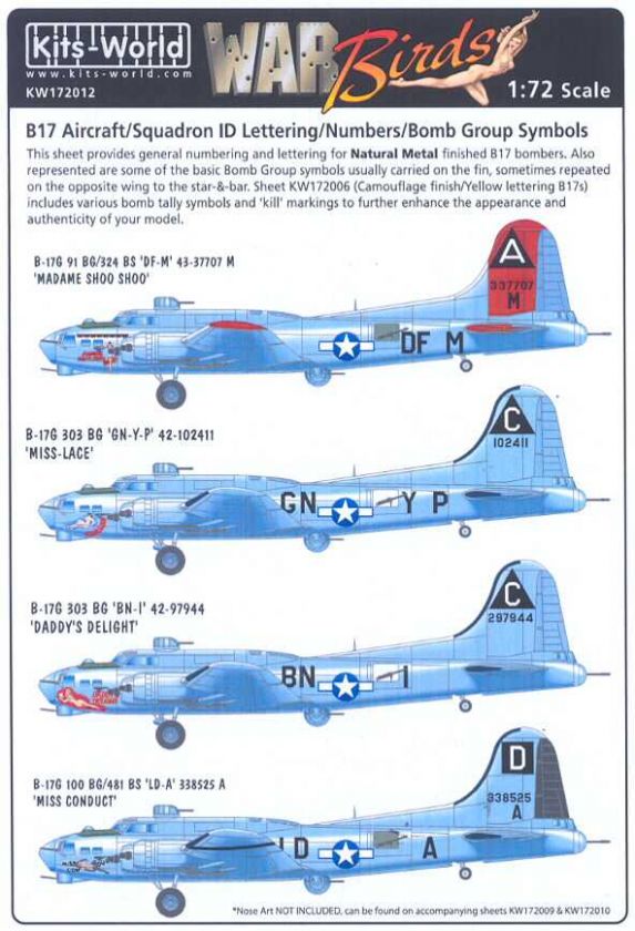   World Decals 1/72 B 17 ID LETTERS NUMBERS BOMB GROUP SYMBOLS  