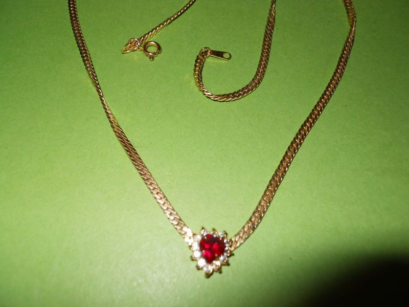   Rhinestone Goldtone Flat Chain Ruby/Crystal Heart V Necklace  