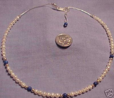 NEW STERLING SILVER LAPIS AND PEARL NECKLACE ref NFP02  