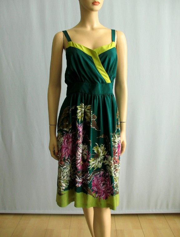 Maeve Anthropologie Teal Green Floral Silk Dress 12  