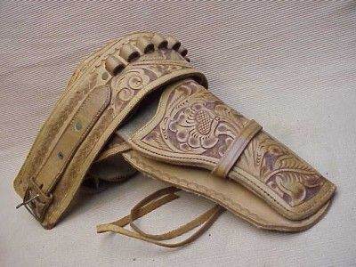   WESTERN HOLSTER LEATHER BULLET BELT TOOLED MEXICAN COIN CLAMP REP