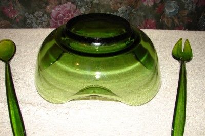 Vintage Green Indiana Glass Salad Bowl Utensils  
