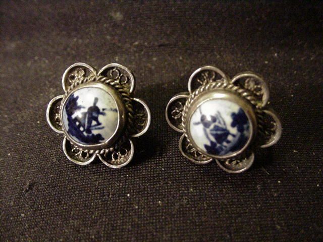 Vintage Holland Windmill ceramic silver Delft earrings  