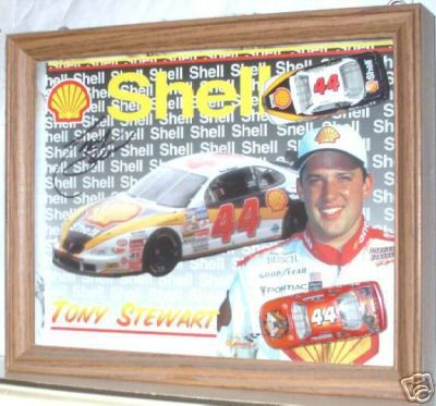   STEWART SIGNED SHELL NASCAR POSTCARD & DIECAST CARS IN DISPLAY CASE