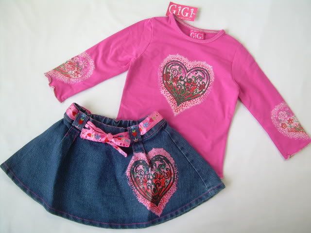   4T Valentines Day OUTFIT Set GiGi Jean Skirt HEARTS Shirt NWT  
