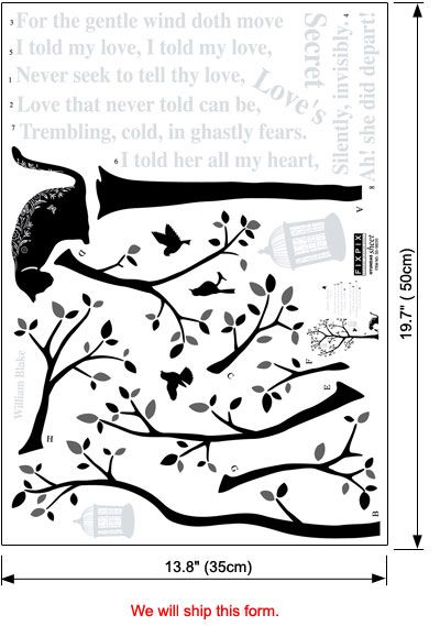 Poem Cat Birds Tree Wall Stickers Home Vinyl Art Decals  